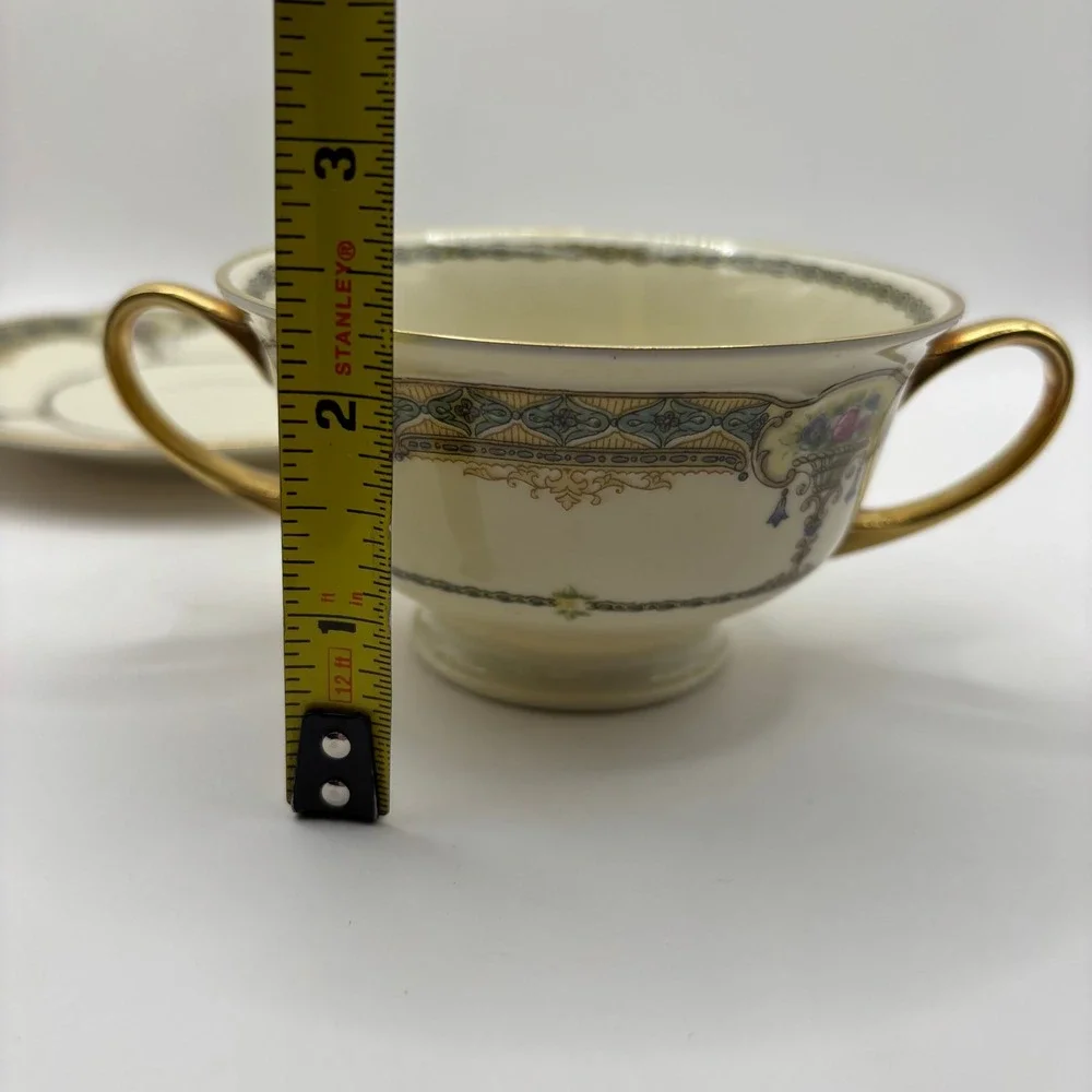 Vtg Black Knight Selb Bavaria Cream Soup Bowl and Saucer Set Floral Gold Gilt 30